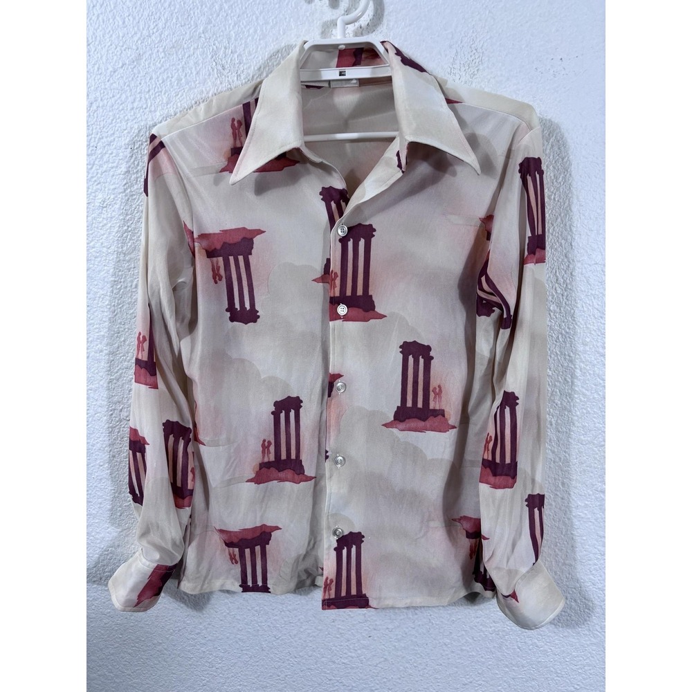 Vintage Excello Shirt Womens Medium White Novelty Column Temple Couple Disco 70s